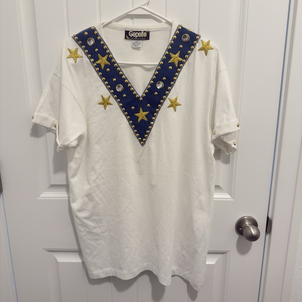 Gepetto Women's Vneck Denim Jeweled White Shirt Vintage Star Design Size Medium